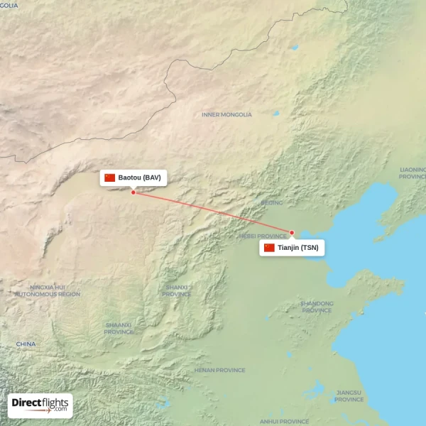 Baotou - Tianjin direct flight map
