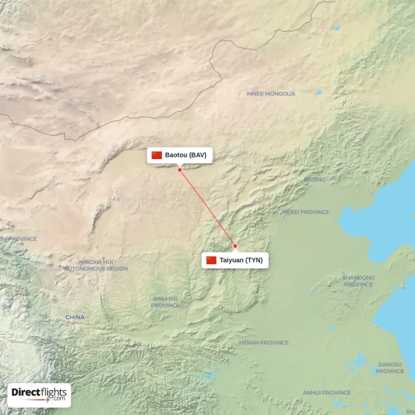 Baotou - Taiyuan direct flight map