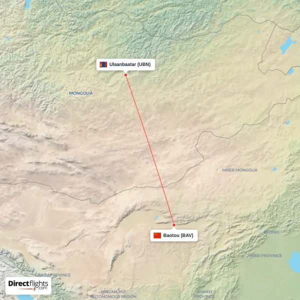 Baotou - Ulaanbaatar direct flight map