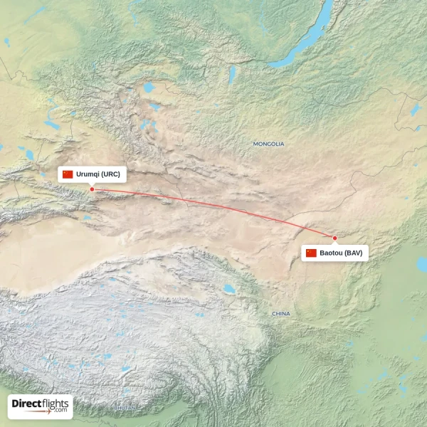 Baotou - Urumqi direct flight map