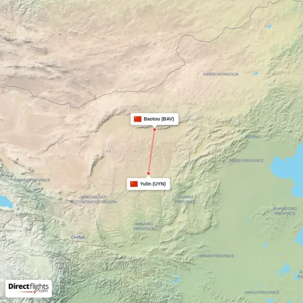 Baotou - Yulin direct flight map