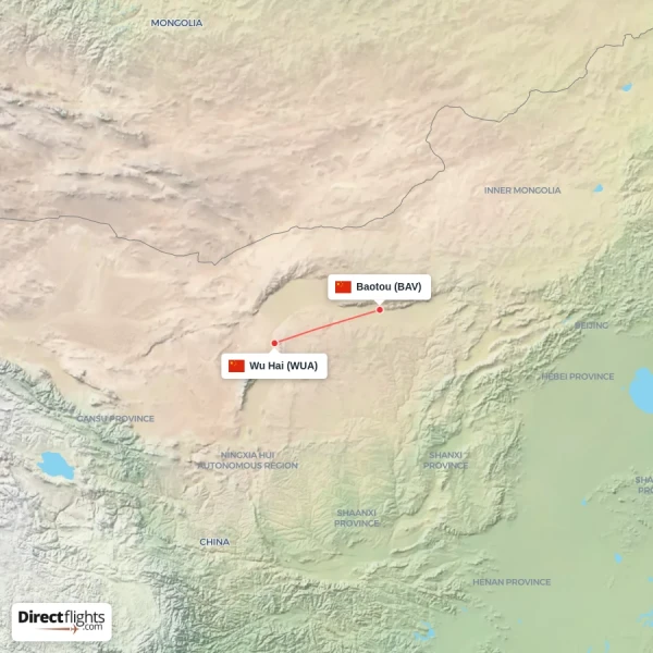 Baotou - Wu Hai direct flight map