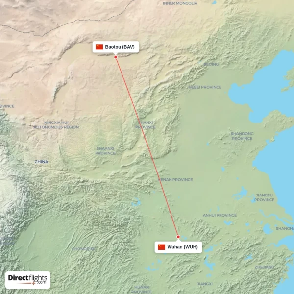 Baotou - Wuhan direct flight map