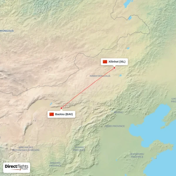 Baotou - Xilinhot direct flight map