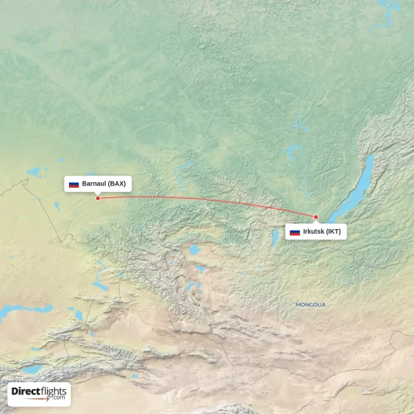 Barnaul - Irkutsk direct flight map