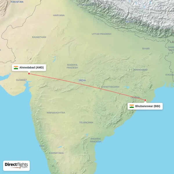 Bhubaneswar - Ahmedabad direct flight map