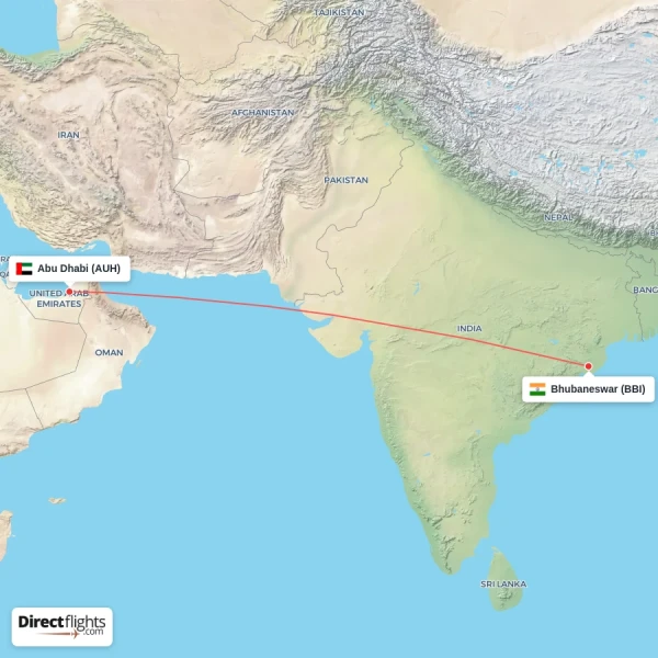 Bhubaneswar - Abu Dhabi direct flight map