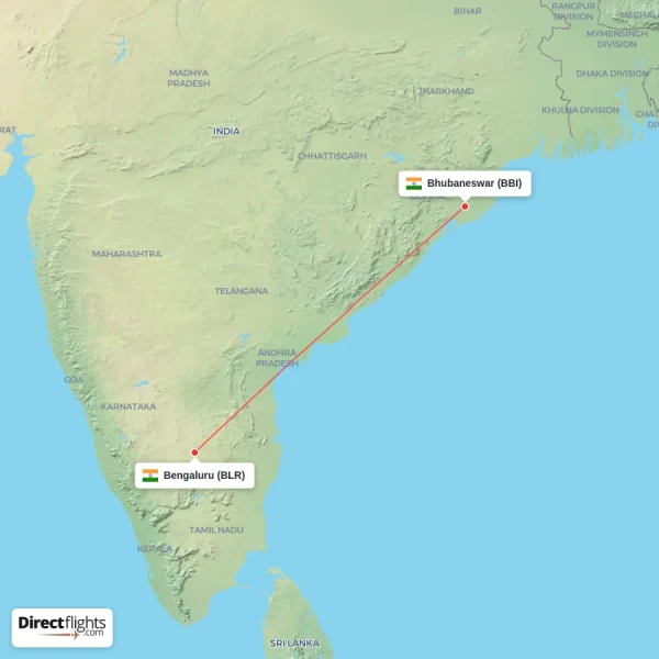 Bhubaneswar - Bengaluru direct flight map