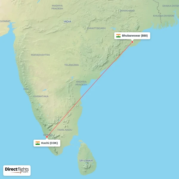 Bhubaneswar - Kochi direct flight map