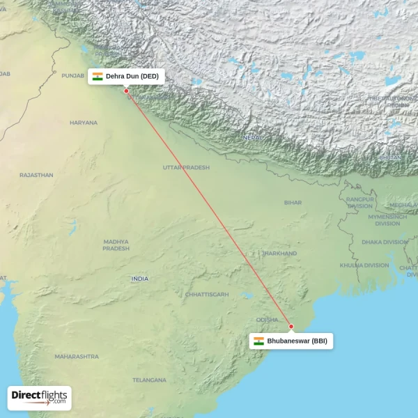 Bhubaneswar - Dehra Dun direct flight map