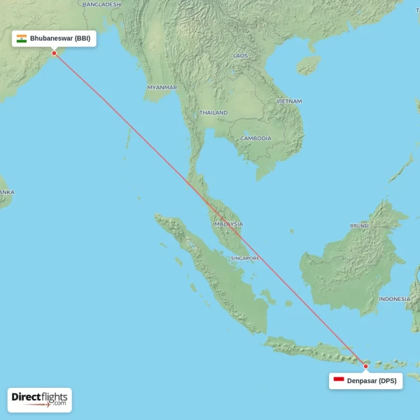 Bhubaneswar - Denpasar direct flight map