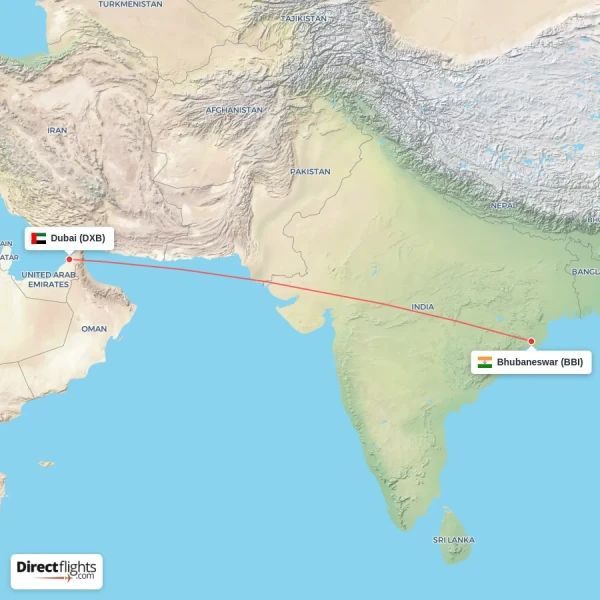 Bhubaneswar - Dubai direct flight map