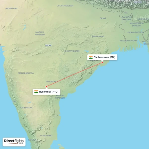 Bhubaneswar - Hyderabad direct flight map