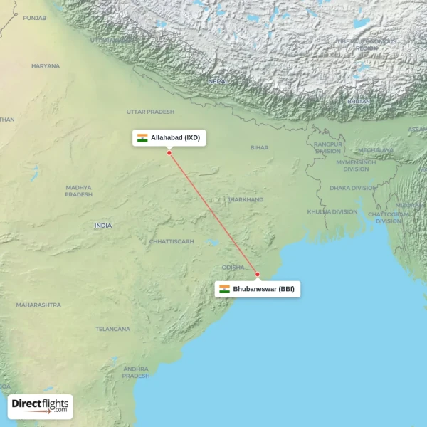 Bhubaneswar - Allahabad direct flight map