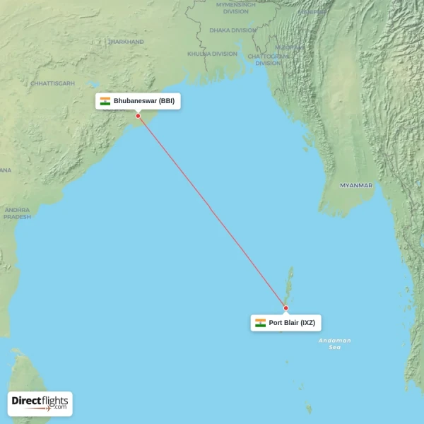 Bhubaneswar - Port Blair direct flight map