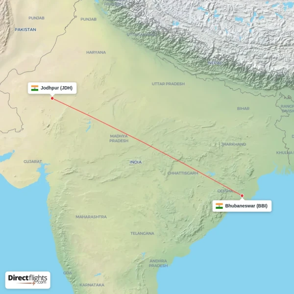 Bhubaneswar - Jodhpur direct flight map