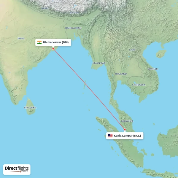 Bhubaneswar - Kuala Lumpur direct flight map