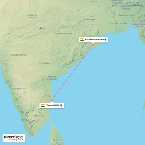Bhubaneswar - Chennai direct flight map