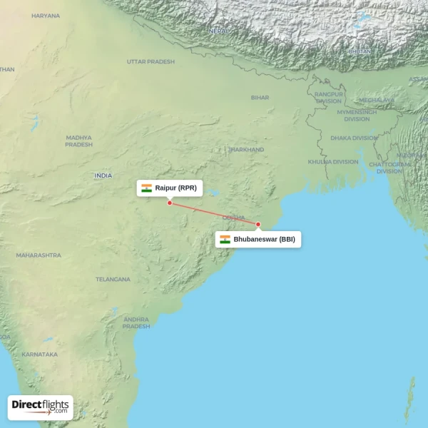 Bhubaneswar - Raipur direct flight map