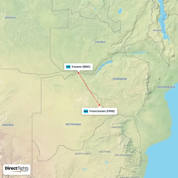 Kasane - Francistown direct flight map