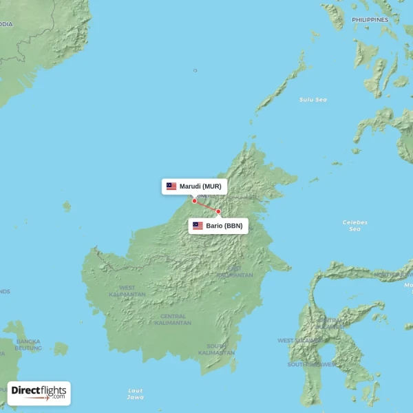 Bario - Marudi direct flight map