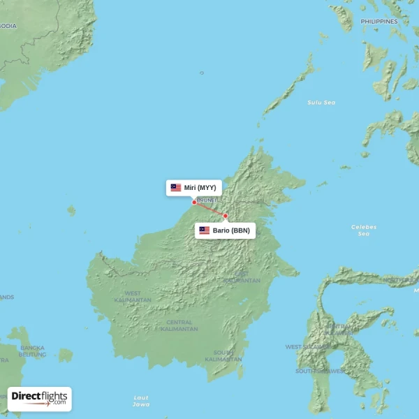 Bario - Miri direct flight map