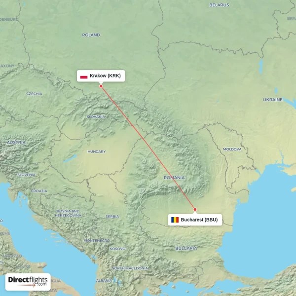 Bucharest - Krakow direct flight map
