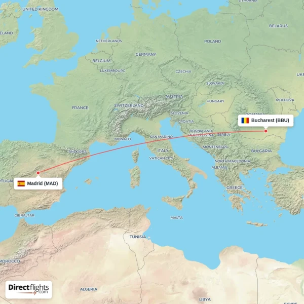 Bucharest - Madrid direct flight map