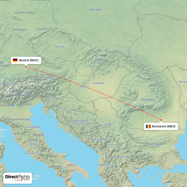 Bucharest - Munich direct flight map