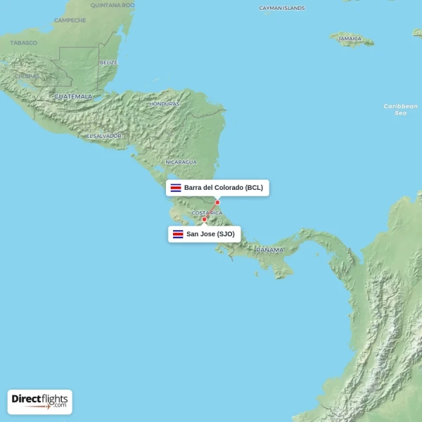 Barra del Colorado - San Jose direct flight map