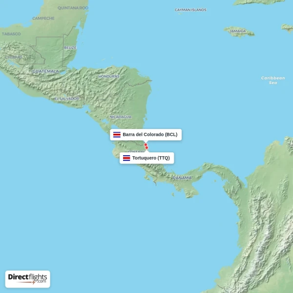 Barra del Colorado - Tortuquero direct flight map