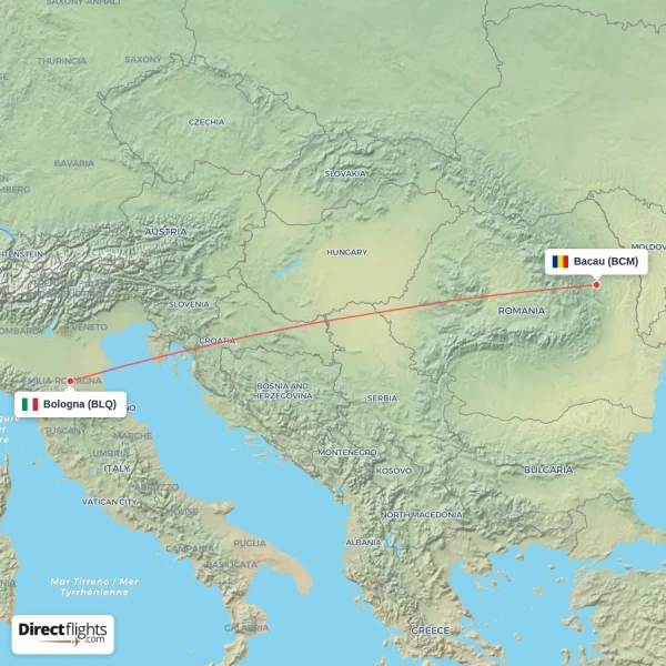 Bacau - Bologna direct flight map