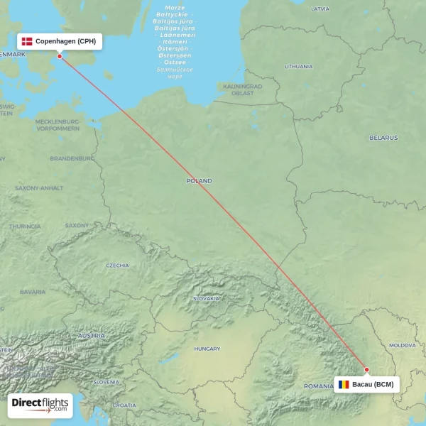 Bacau - Copenhagen direct flight map