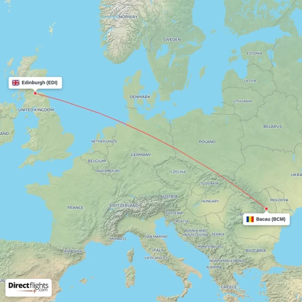 Bacau - Edinburgh direct flight map
