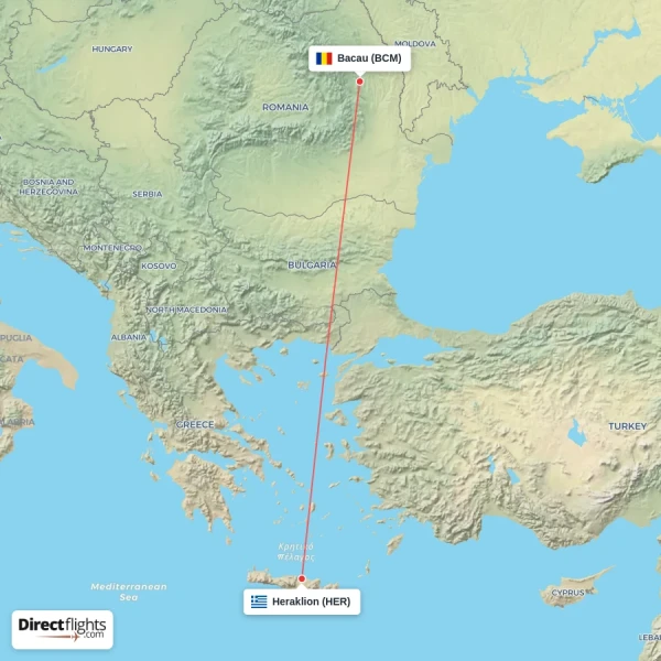 Bacau - Heraklion direct flight map