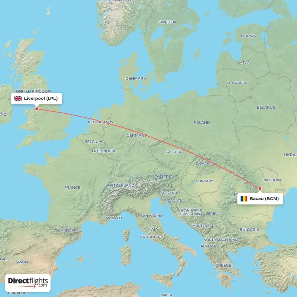 Bacau - Liverpool direct flight map