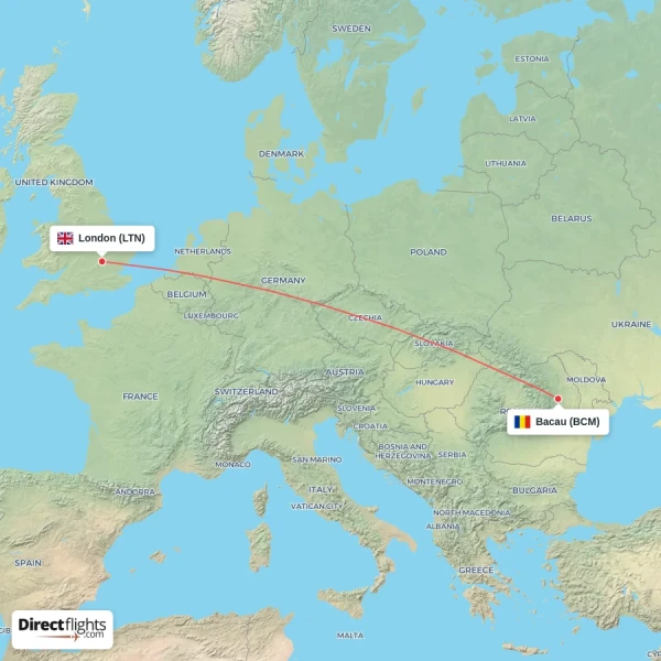Bacau - London direct flight map