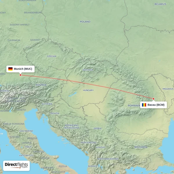 Bacau - Munich direct flight map