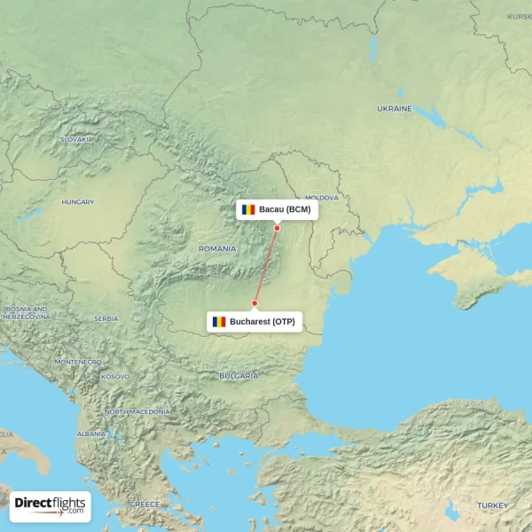 Bacau - Bucharest direct flight map