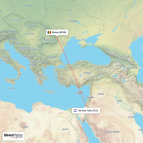 Bacau - Tel Aviv-Yafo direct flight map