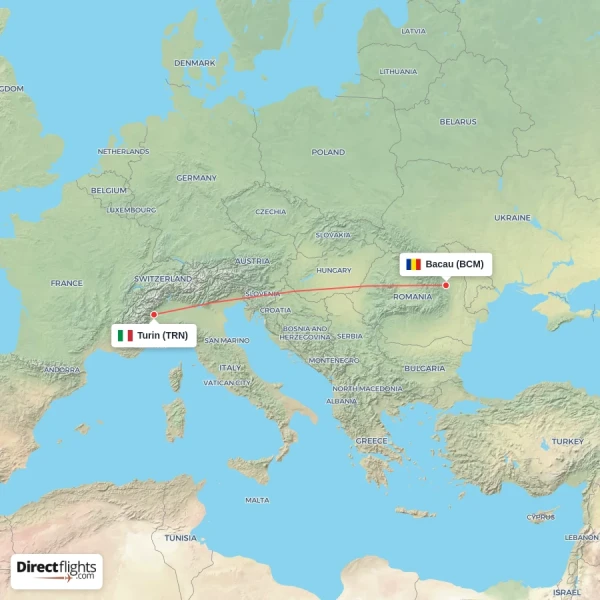 Bacau - Turin direct flight map