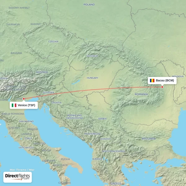 Bacau - Venice direct flight map