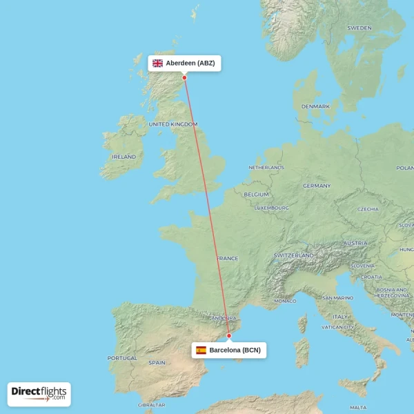Barcelona - Aberdeen direct flight map
