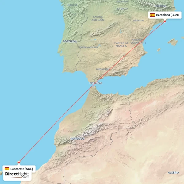 Barcelona - Lanzarote direct flight map
