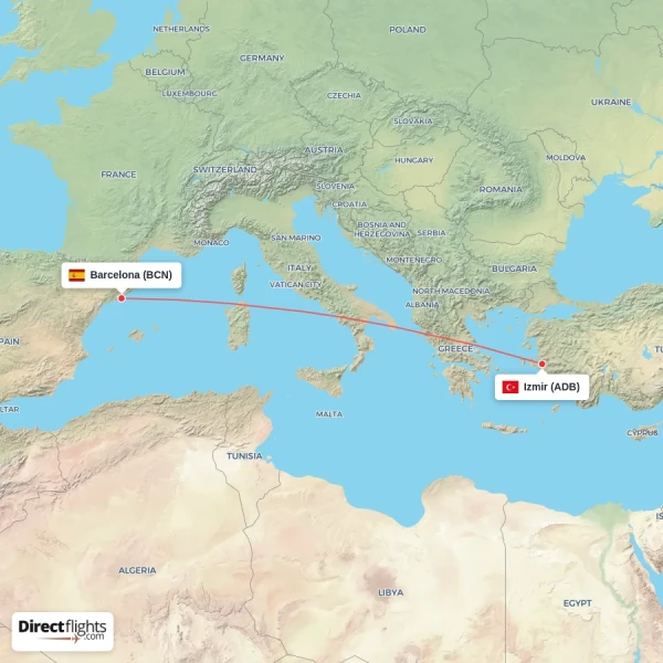 Barcelona - Izmir direct flight map