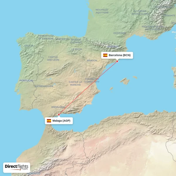 Barcelona - Malaga direct flight map