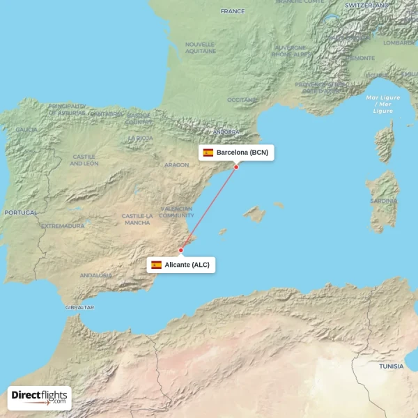 Barcelona - Alicante direct flight map