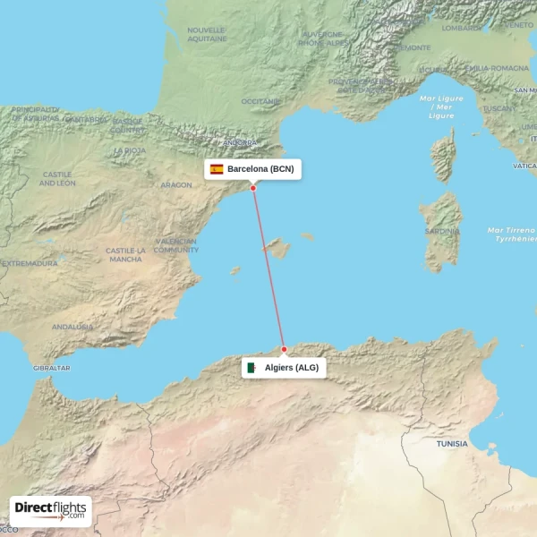 Barcelona - Algiers direct flight map