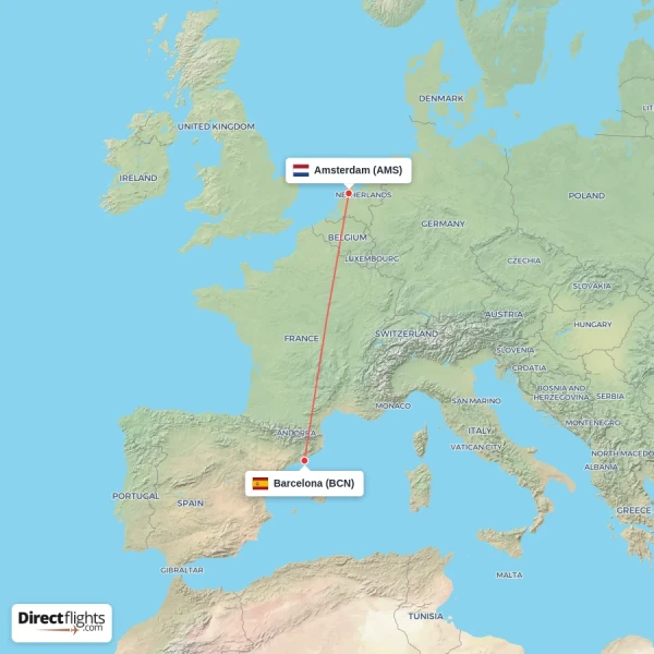 Barcelona - Amsterdam direct flight map