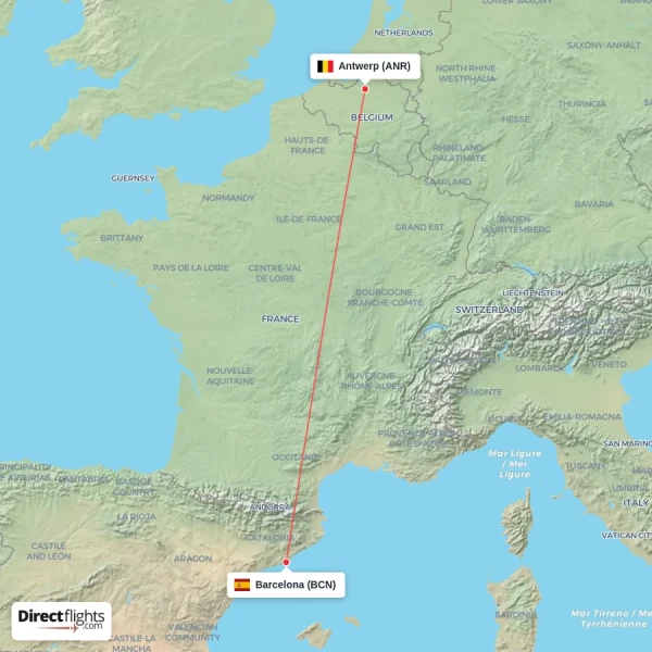 Barcelona - Antwerp direct flight map
